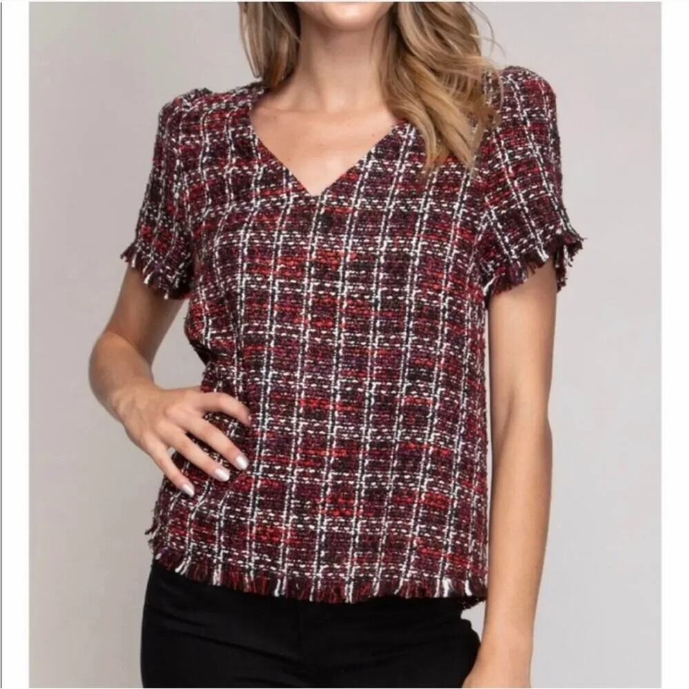 Naked Zebra Burgundy and Black Tweed V-Neck Blouse